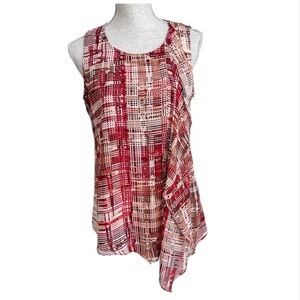 WHBM Asymmetrical Ruffle Sleeveless Chiffon Blouse Tank Top Red Check Small